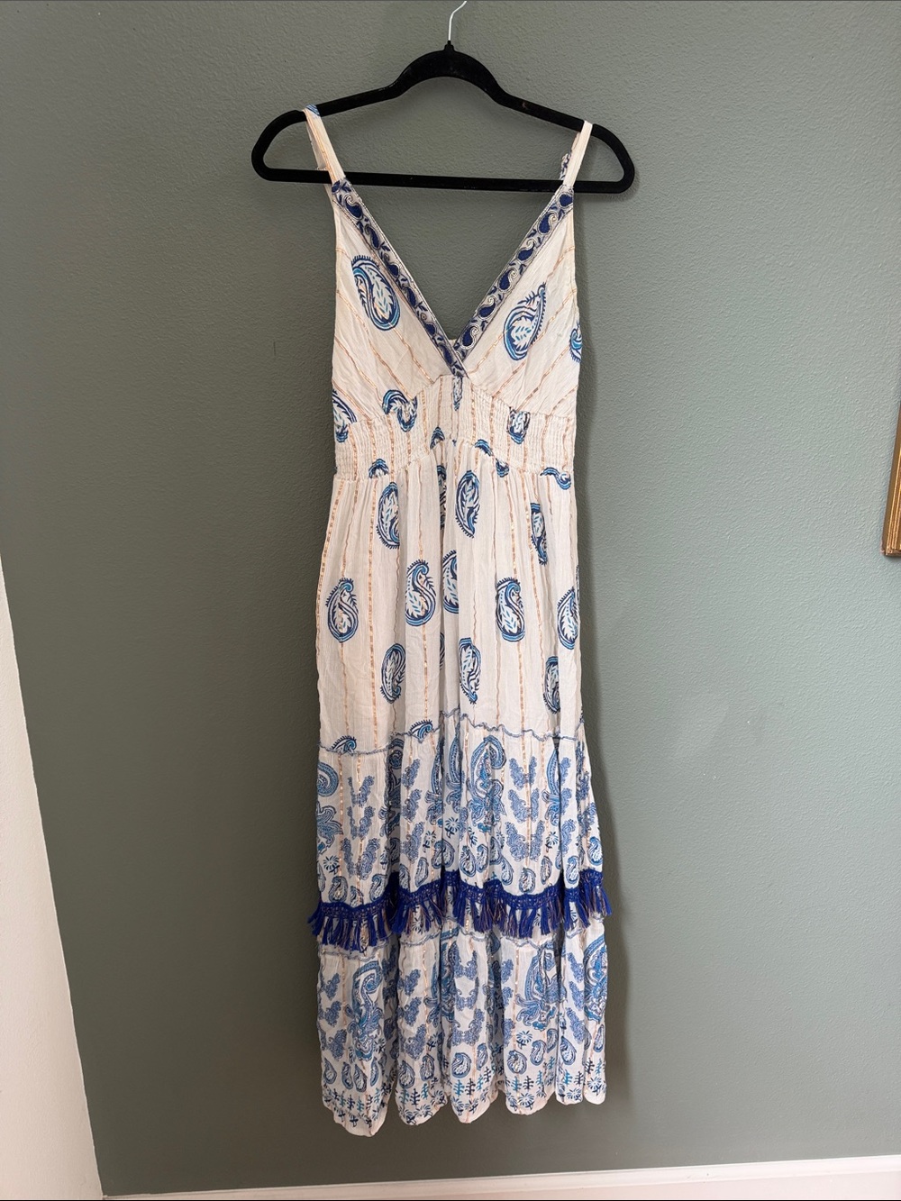 Anthropologie Me 2 Magic Bohemian Blue Paisley Women's Maxi Dress Sz M Fringe